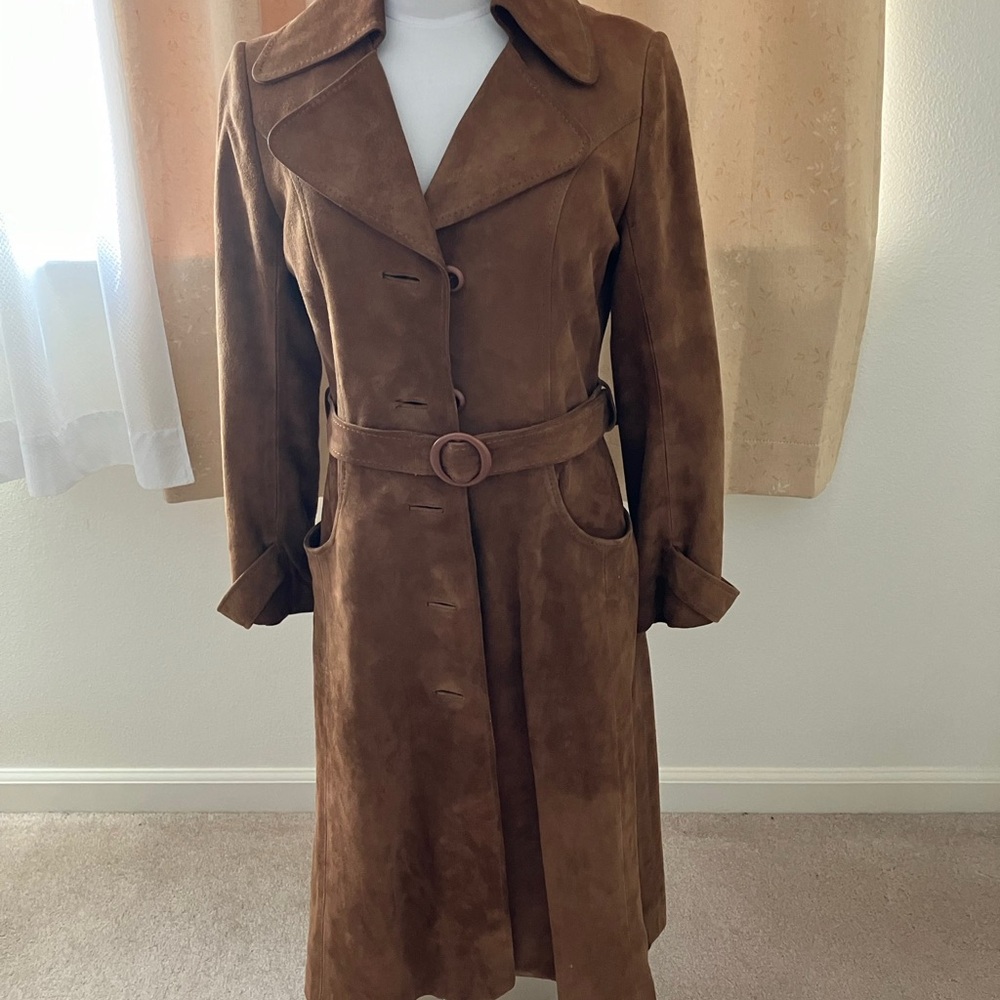 COPY - Genuine Leather Long Brown Suede Trench Style Coat.